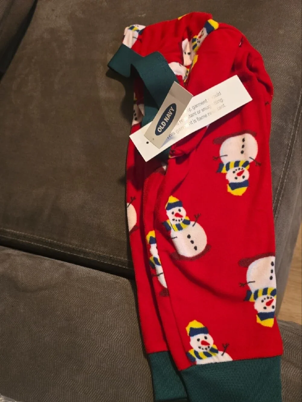 Old Navy Red Snowman Print Pajama Bottoms with Green Waistband